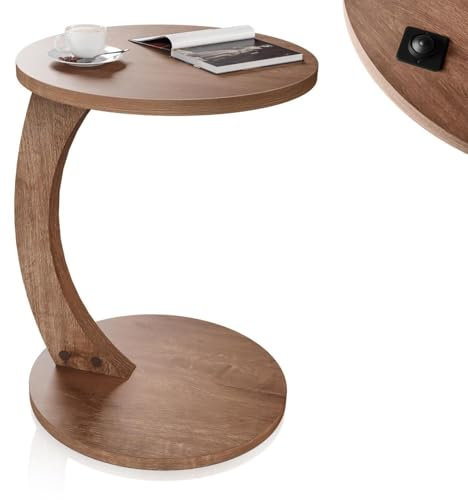 STILISTA® Beistelltisch - C Form, Rund, mit 4 Rollen, Platzsparend, Nussbaum Holz Optik - Runder Couchtisch, Sofatisch, Kleiner Kaffeetisch für Wohnzimmer, Schlafzimmer, Sessel, Couch, Sofa