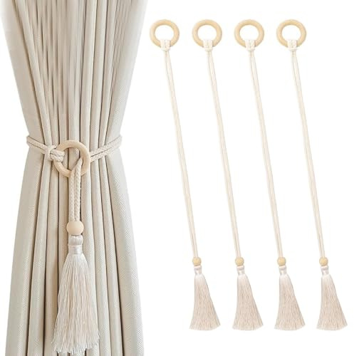 MUNTE 4 Stück Vorhang Raffhalter 73cm, Raffhalter für Gardinen Beige, Vorhanghalter mit Holzring Und Quaste, Geeignet für Wohnzimmer, Badezimmer, Schlafzimmer