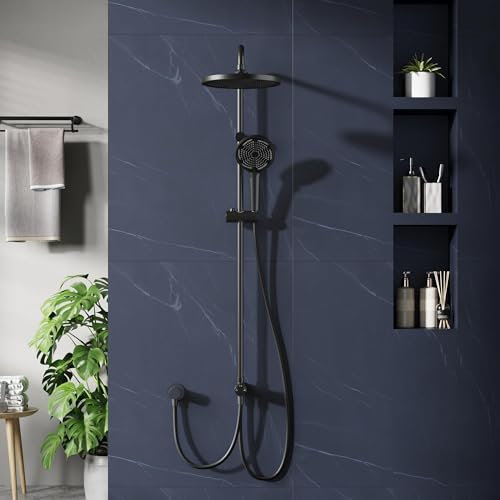 Garvee Set doccia a pioggia senza rubinetto, sistema doccia in acciaio inox con soffione rotondo nero da 25 cm, colonna doccia moderna per bagno