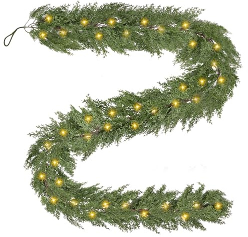 6 FT Christmas Garland with Lights, 100% PVC 4M 60 LEDs Christmas Decorations Garland String Lights with Timer 8 modes, 290 Tips Fireplace Garland Christmas Green for Fireplace Stairs Indoors Outdoors