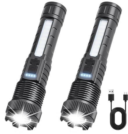 Sporgo Taschenlampe LED Aufladbar 2 Stück: 3000 Lumen Extrem Hell LED Taschenlampe Torch Klein Zoombare 6 Licht Modi, Wasserdichte Klein Flashlight IPX6 für Camping Outdoor Wandern Notfälle