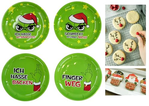 Annastore 4 x Gebäckteller - Dekoteller Festtags-Muffel aus Metall Ø 26 cm | nti Weihnacht Plätzchenteller aus Metall - Freche Dekoteller Anti Weihnachten - Metallteller Festtags-Muffel
