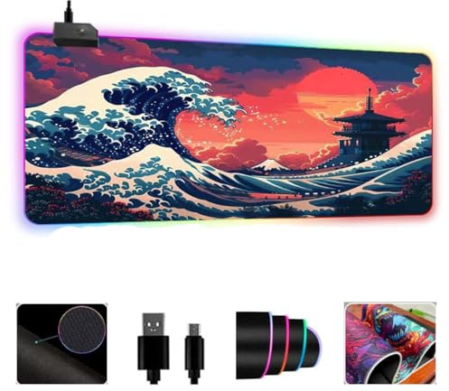 Fansu Alfombrilla para Ratón RGB, XXL Grande Gaming Mousepad con 14 Modos 7 Colores LED, Mouse Pad Teclado Almohadilla de Escritorio para Laptop y PC, Impresión Ondas (Rojo,600x300x4mm)
