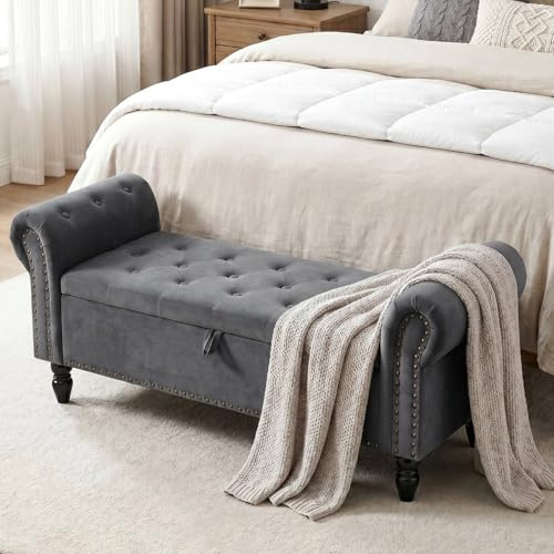 Clevich Banc de Rangement 133cm, Velours Coffre Bout de Lit 133 x 46 x 53 cm, Style Luxueux, avec Réversible Couvercle, avec Pieds en Bois, jusqu'à 168kg, pour Couloir, Chambre, Salon (Gris)