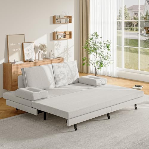 Klappbares Schlafsofa, 90/180 x 200 cm, Leinenstoff, gepolstertes Bett mit Lattenrost, zusammenklappbare Polsterung, 180 x 200 cm, multifunktionales Bett mit Rollen und Rückenlehne, Weiß