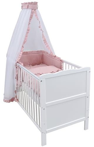 Generisch Baby Delux Babybett Komplett Set 9-TLG Kinderbett umbaubar zum Juniorbett 70x140 Matratze Jack Bettset Chiffonhimmel (Royal Rosa Rüsche)