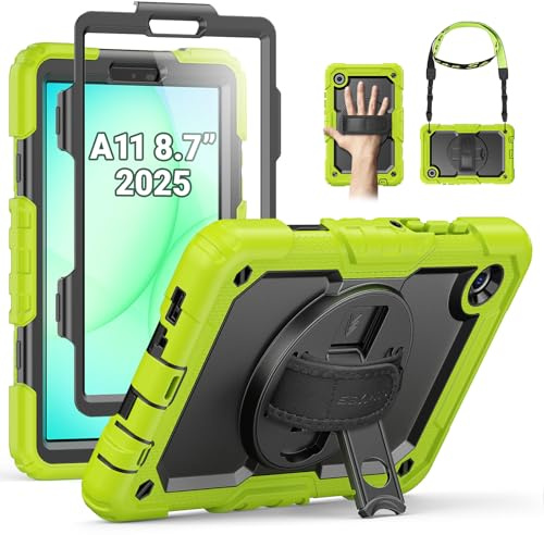 SEYMAC Funda para Samsung Galaxy Tab A11 8,7/Tab A9 8,7 Pulgadas (2025/2023), con Protector de Pantalla, Soporte Giratorio de 360°/Correa de Mano, Correa para el Hombro, Verde