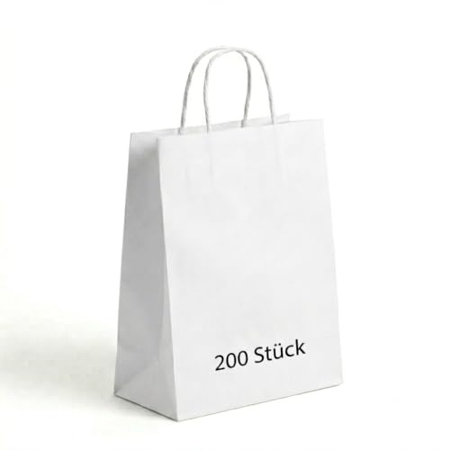 Commerline 200 Stycken Papperspåsar Med Handtag | Vit, 18+8x22 cm Presentpåsar | Kraftpapperspåsar Med Snörhandtag | Pappersbärkassar för Shopping och Förpackning | DIY