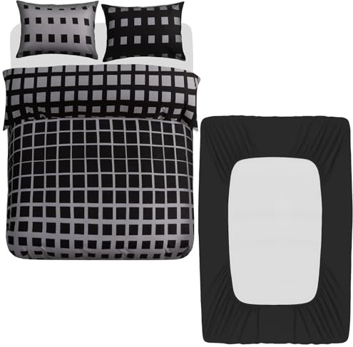 Grace 4 Pcs Double Duvet Set with Matching Black Double Fitted Sheet 40 cm Extra Deep Pocket - UltraSoft Breathable Premium Microfibre Reversible Quilt Cover Bedding Set For All Seasons