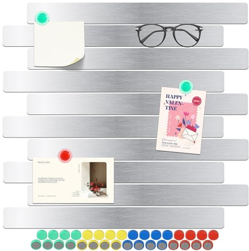 10 Stück Magnettafel Memotafel, 30x3cm Selbstklebend Magnetleisten mit 36 Starke Magnete, Metalltafel Magnettafel Magnete für Schule, Büro, Dokumente und Fotos(Silber)