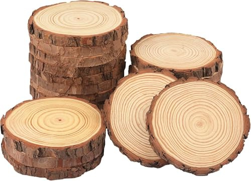 20 Pieces Wooden Discs 9-10 cm，Unfinished Pine Wood Circles with Barks for Coasters, DIY Crafts, Christmas Rustic Wedding Ornaments and Centerpieces.