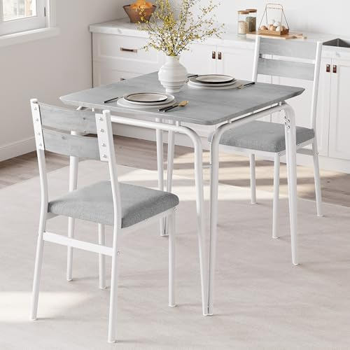 Koioplie Juego de comedor de 3 piezas, mesa de comedor con 2 sillas, conjunto de asientos para cocina, comedor, sillas con tapicería de piel sintética, juego de comedor, madera, gris + blanco