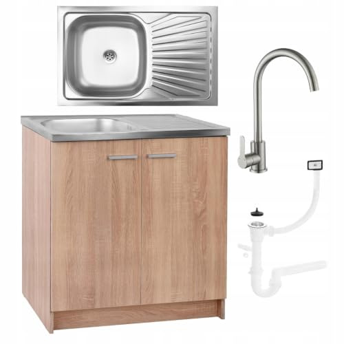 Stamar Küchenschrank 80 cm Sonoma Eiche Spüle Hohe Armatur Oliv Set Standschrank 46cm Tiefe Siphon Personalisierbar
