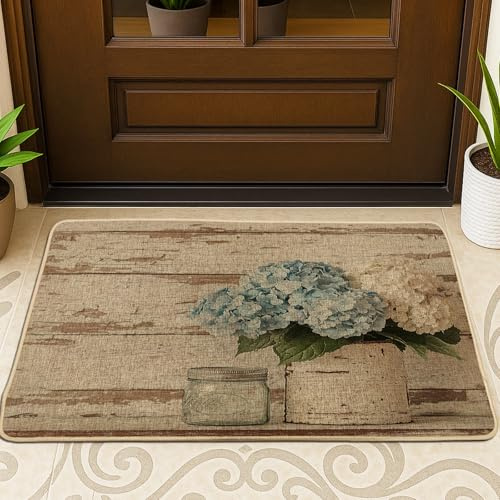 Zerbino nero con ortensia primaverile, per ingresso esterno e interno, 73 x 43 cm, zerbino antiscivolo per esterni con stampa rustica con motivo floreale rustico