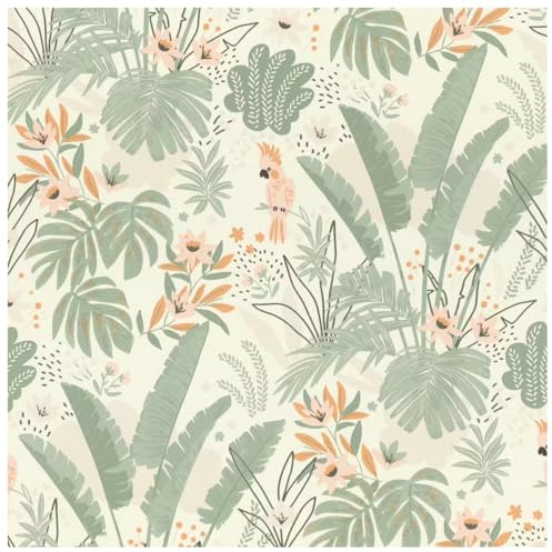 YöL Tropical Botanical Parrot Vinyl Wallpaper with Sage Green Palm Leaves and Soft Peach Floral Detail on Light Neutral Background for Living Room Bedroom or Feature Wall Decor