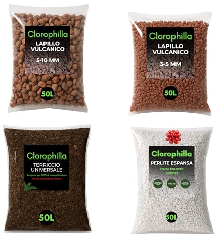 Kit Rinvaso Piante Clorophilla–Lapillo Vulcanico 5–10 mm 10L+Lapillo 3–5 mm 10L+Terriccio Universale con Humus 10L+Perlite 10L Inclusa – Substrato Drenante per Piante da Interno e Tropicali (50L X4)