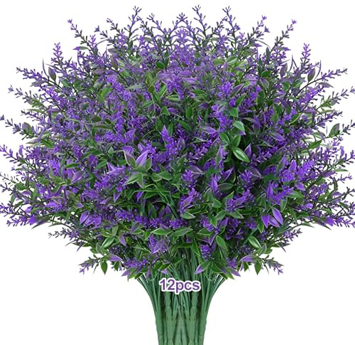 12 Bündel Kunstblumen wie Echt Künstliche Blumen wie echt Künstlicher Lavendel Kunstblumen Balkon Wetterfest Balkonpflanzen Frühling Plastikblumen Blumenstrauß für Draußen Balkonkasten Balkon Garten