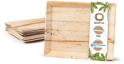 BIOZOYG Servierplatte 100 Stück 32,5 x 27 cm rechteckig - Palmblatt Teller Serviertablett Kuchenplatte kompostierbar Tablett - Snackteller, Alternative zu Schiefertafeln