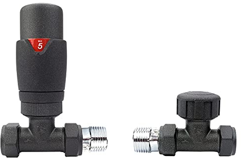 EcoSpa Anthracite Straight Thermostatic Radiator Valve Pack. Thermostatic TRV & Lock Shield Valves Ideal for Central Heating Radiators and Heated Towel Rails