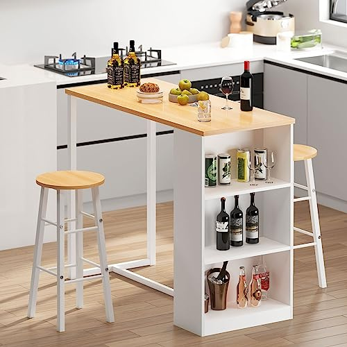SogesHome Table de Bar avec Rangements et 2 Tabourets, Meuble de Cuisine Moderne Compact, Ensemble Table Haute avec Étagères + 2 Tabourets