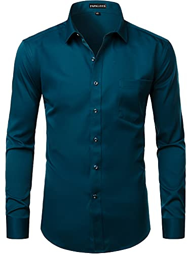 PARKLEES Men's Long Sleeve Slim Fit Casual Business Dress Shirt | Party, Adult, Formal, Button Down, with Chest Pocket