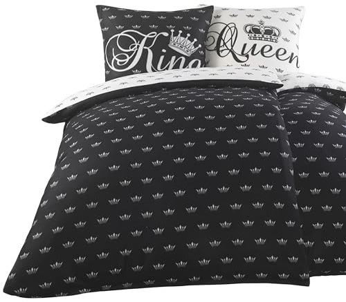 BaSaTex Bettwäsche Set, 155x220 2X 155x220 + 2X 80x80 cm, Schwarz Weiß | Flausch, 4-tlg, Winter Partner Kissenbezug, 100% Microfaser Thermo-Fleece, Design: King Queen