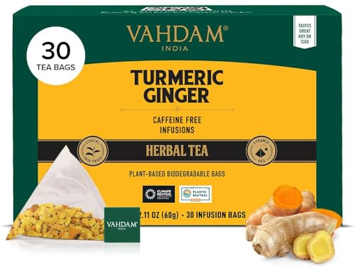 VAHDAM Turmeric Ginger Herbal Tea - 30 Pyramid Tea Bags, Caffeine Free, Non GMO, Gluten Free - 100% Pure Herbal Blend - Savory & Spicy - Individually Wrapped - Direct from Source
