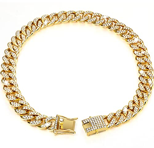 Tallew Gold Dog Chain Diamond Collar Walking Metal Chain Necklace with Secure Buckle Pet Cuban Style Collar Jewelry Accessories for Small Medium Large Dog Cats (22 inch)