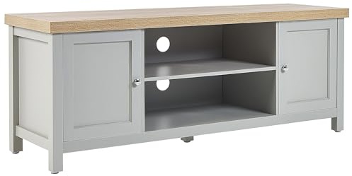 Beliani TV-Lowboard mit 2 Türen grau/Heller Holzfarbton mit Stauraum Landhausstil Hamp