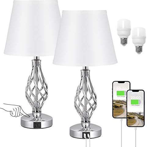Aooshine Touch Table Lamps Set of 2, Bedside Lamp with USB-C USB-A Ports, Bedroom Lamps with White Shade and Spiral Cage Design Base, 3 Way Dimmable Table Lamp for Bedroom Living Room and Hotel
