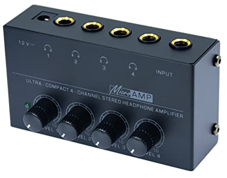Stereo Input TRS Jack 1/4 Splitter 4X Micro amp 1 in 4 Out 1/4 inch Headphone Amplifier 4 Channel Audio (Black)