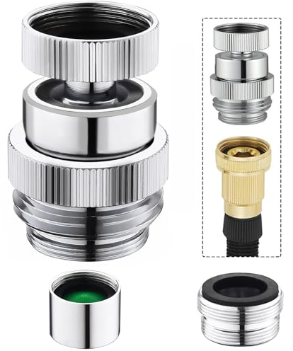 Happyreise Sink Faucet Adapter Kit,360 Degree Swivel Faucet to Garden Hose Adapter,Multi-Thread Garden Hose Adapter for Bathroom Kitchen,3/4 GHT thread Chrome