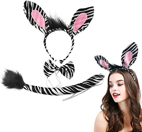 TSHAOUN Animal Costume Set, Zebra Headband Bowtie Tail 3pc Costume, Animal Headband, Animal Fancy Dress, Fancy Dress Party Decoration Accessory, Carnival, Halloween, World Book Day (Zebra)