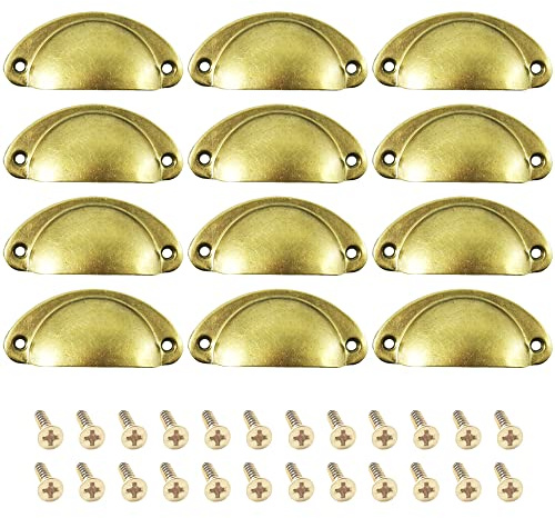 CEEYSEE 12 Stück Muschelgriff Möbelgriffe Set 81 X 35mm Antik Vintage Schrank Griffe Mit Schrauben für Küche Kabinett Kleiderschrank Schublade (KLSHU/Brass)