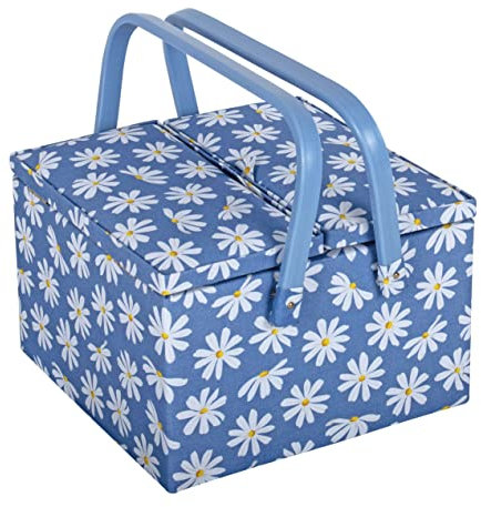 Hobby Gift Große Aufbewahrungsbox für Näharbeiten, Doppeldeckel, quadratisch, Denim-Gänseblümchen