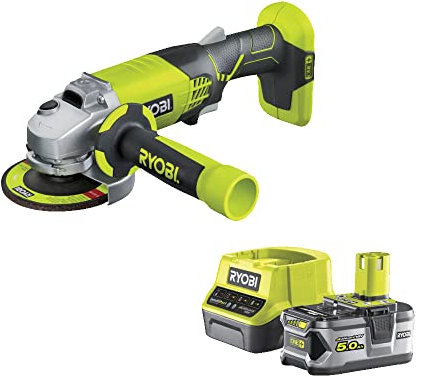 Ryobi - Winkelschleifer 18 V, Durchmesser 115 mm – 7500 U/min – Zusatzgriff – 1 Lithium-Akku + 5,0 Ah – Schnellladegerät 2,0 A – Lieferung in Tragetasche mit 1 Schruppscheibe – R18AG-150GL