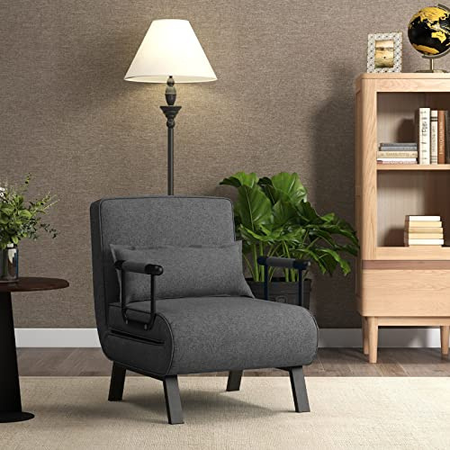 Costway Fauteuil Convertible 1 Place Fauteuil-Lit Chauffeuse 4-en-1 Dossier Réglable 6 Position Oreiller Siège Rembourré Accoudoirs Cadre Métal Canapé-Lit Pliant Maison Bureau gris foncé 79x65x79cm