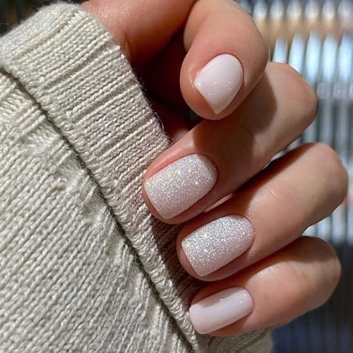 Ceboic 24 Stück Press on Nails Kurz, Weiß Glänzend Künstliche Nägel Französische Full Cover Kunstnägel mit Nagelkleber Aufkleber, Eckig Falsche Nägel Acryl Fingernägel zum Aufkleben für Frauen