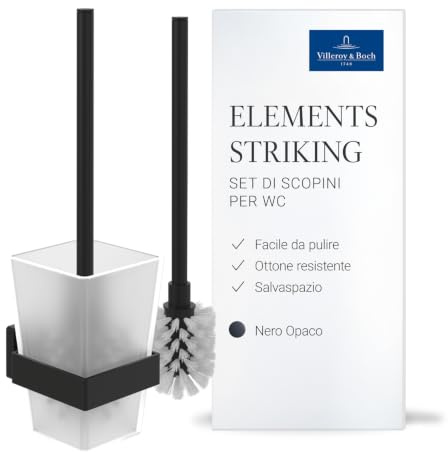 Villeroy & Boch Elements Striking, Juego de escobilla de baño, Soporte para Montaje en Pared con Recipiente de Vidrio Satinado, Cuadrado, Cuadrado – Negro Mate