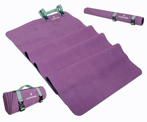Yogamatte Rutschfest, Faltbar und Dünn mit Tragegurt aus Naturkautschuk | Leicht und Kompakt Travel Yoga Mat | Gymnastikmatte, Fitnessmatte | Yogamatte für Reisen, Fitness | nordicfuego Purple Grey