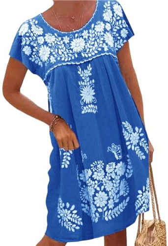 Melliflo Vestido Mexicano para Mujer, Manga Corta, Bordado Floral, Vestido de Fiesta, Vestido Suelto de Lino, Vestidos Campesinos, Azul, XL