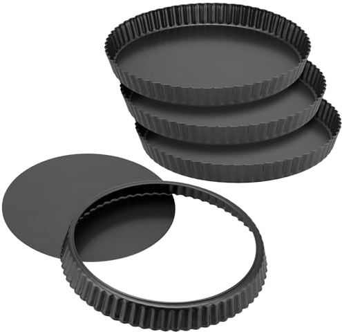 SINJEUN Lot de 4 moules à tarte antiadhésifs de 25,4 cm avec fond amovible pour quiches, tartes, flans, fromages