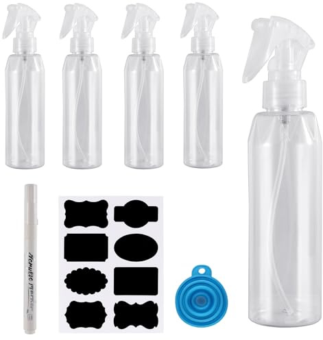 5 Pcs Plastic Trigger Spray Bottle, 7oz/200 ml Transparent Reusable Mist Sprayers,Empty Spray Bottles for Plants, Cleaning, Pet Showering with Foldable Silicone Funnel, Marker Pen and Label Sticker
