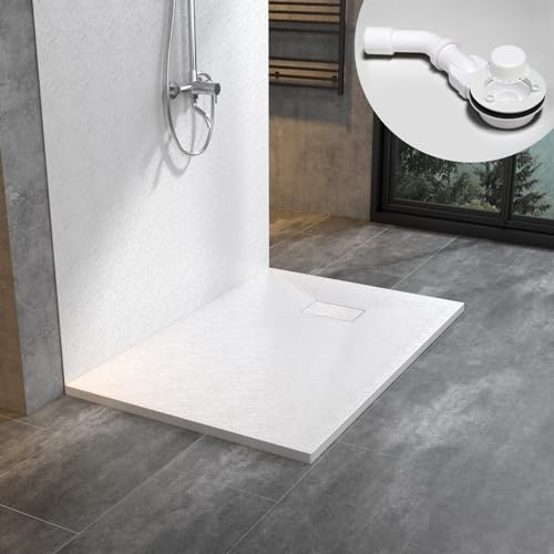 WITEN&NOCK SMC Duschwanne 140x80cm weiß Brausewanne Duschtasse extra flache Steinoptik Antirutsch inkl. Abdeckung und Ablaufgarnitur Ø90mm Siphon