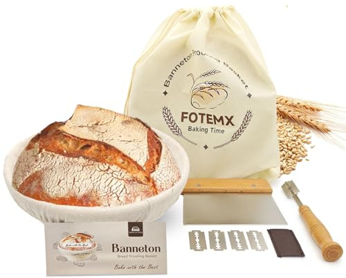 FOTEMIX Sourdough Proving Basket Kit, Natural Rattan Round Banneton Proofing Basket with Bread Lame, Dough Scraper, Cloth Liner, 9 inch Round