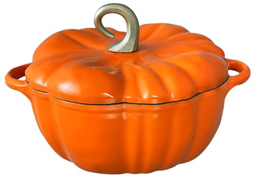 Flavehc Pumpkin Gusseisen Dutch Oven mit Deckel - 3,8 qt Kürbis Emailliertes Gusseisen Dutch Oven für Brot Backen - Orange mit Griffen