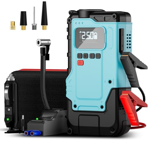 SHALL Auto-Starthilfe, tragbare Luftkompressoren, 5-in-1-Multifunktionsgerät, Reifenfüller, tragbares Powerbank-Ladegerät und Starthilfekabel für Benzinmotoren bis zu 5,0 Liter und Dieselmotoren bis z