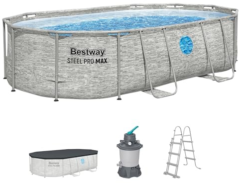 Bestway Power Steel Swim Vista Series Frame Pool Komplett-Set mit Sandfilteranlage 488 x 305 x 107 cm, Steinwand-Optik (Cremegrau), oval