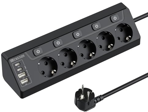 Regleta de Enchufes de Esquina con USB, 5 Enchufes con Interruptor, Regleta Múltiples con 2 USB y 2 Type-C, Protección contra Sobretensiones 9 en 1 con Cable de 2M para Smartphones, Tabletas, Negro