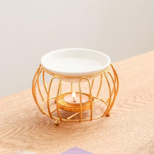 Aromalampe Teelichthalter aus Keramik und Eisen Schwarz, Duftlampe aus Keramik Wachsschmelzbrenner Kürbisform Golden